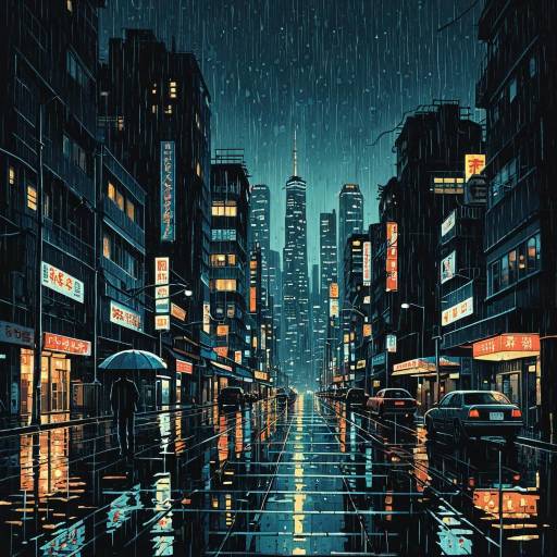 Rainy Night Cityscape with Reflections Rainy Night Cityscape with Reflections