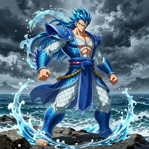 Digital anime-style drawing of a muscular, blue-haired warrior with fish-scale armor, standing on a rocky shore with water swirling around. Dark stormy sky