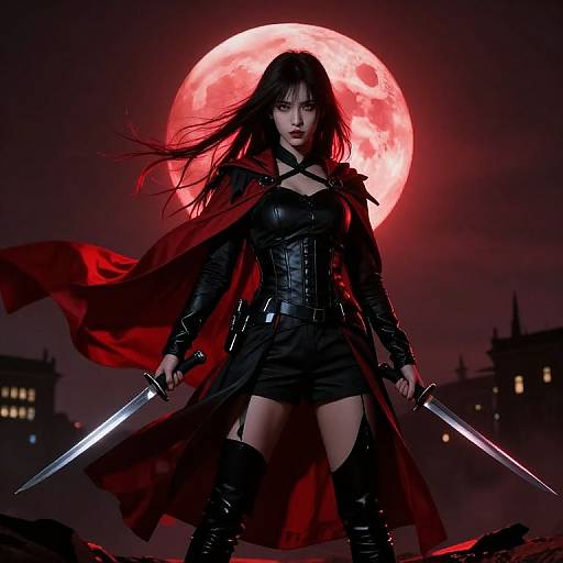 Digital artwork of a fierce female warrior with long black hair, red moon background, black leather armor, red cape, dual swords, and Gothic cityscape