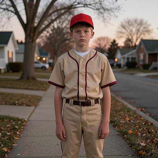 Boy in Baseball Uniform on Sidewalk