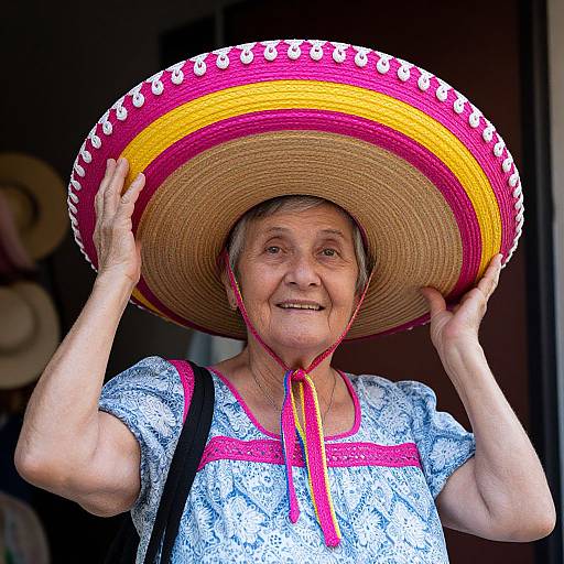 Elderly Woman Wearing Colorful Sombrero