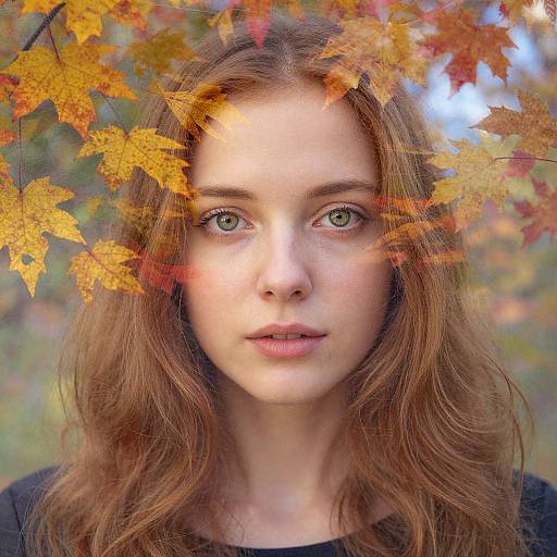 Photograph of a young woman with green eyes, fair skin, and wavy auburn hair, framed by vibrant autumn leaves, gazing directly