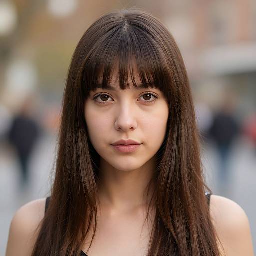 Photograph of a young Asian woman with long, straight brown hair, bangs, and brown eyes, standing in a blurred urban street.