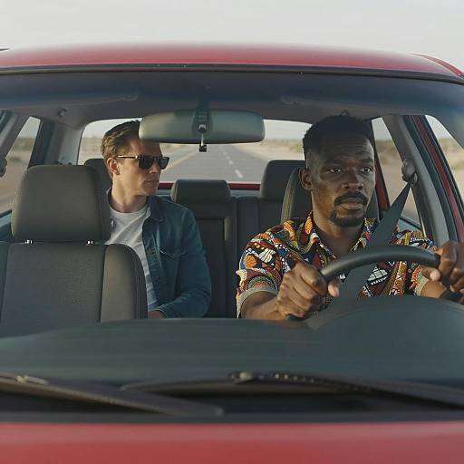 Two men driving on desert highway