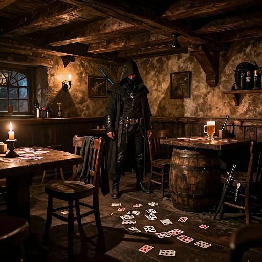 Photorealistic digital art of a hooded figure in dark leather armor standing in a dimly lit, rustic wooden tavern with scattered playing cards, candles