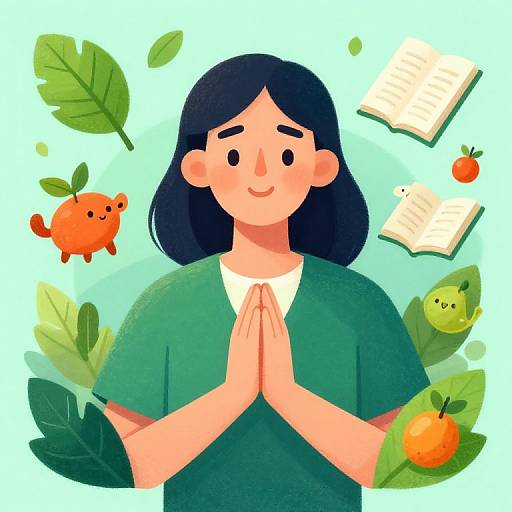 Illustration of a smiling woman with black hair, green shirt, hands in prayer, surrounded by leaves, orange, book, and orange fruit, radi
