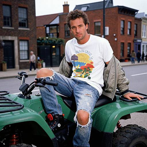 Photograph of a casually dressed man with curly brown hair, wearing a white T-shirt, ripped jeans, and a green jacket, sitting on a green