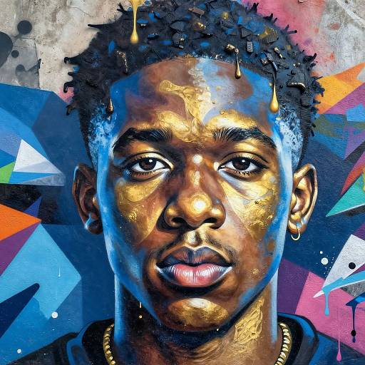 Vibrant digital portrait of a young Black man with golden highlights, blue and pink geometric background, dripping paint, and gold hoop earring.