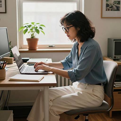 Photograph of a focused woman with short black hair, glasses, blue blouse, and white pants, typing on a laptop at a sunlit desk.