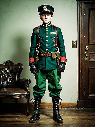 Young Man in Green Military Steampunk Uniform