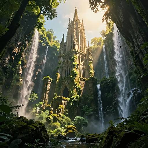 Photorealistic CGI: Sunlit medieval Gothic cathedral surrounded by towering waterfalls, lush greenery, and mist, set in a dense forest. Light