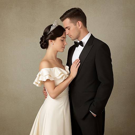 Photograph of a bride in a white off-shoulder dress and tiara, gazing at her groom in a black tuxedo, against