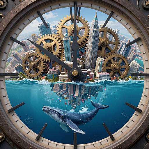 Photograph-style digital art: Clock face with golden gears behind skyscrapers, below water with a whale swimming, reflecting urban and oceanic elements.