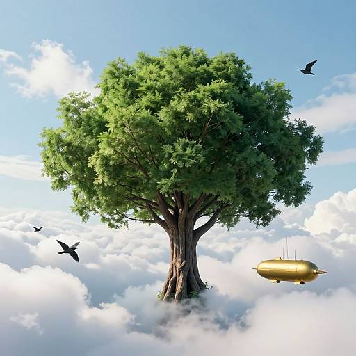 Digital artwork of a lush green tree with a thick trunk floating on fluffy white clouds, accompanied by two flying birds and a golden, UFO-like object.
