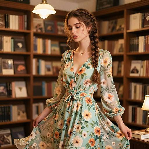 Photograph of a young woman with long braided brown hair, wearing a light green floral dress, standing in a warmly lit library with wooden booksh