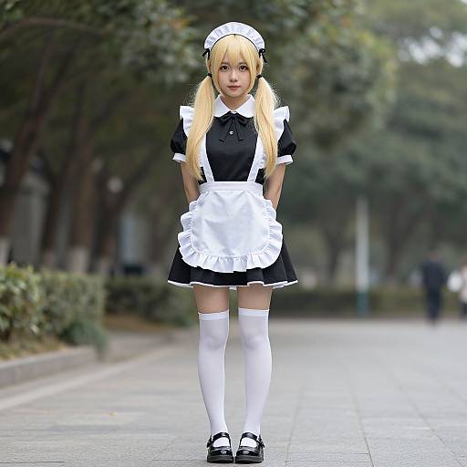 Photograph of a young Asian woman with long blonde pigtails, wearing a black and white French maid outfit, standing on a tree-lined street.