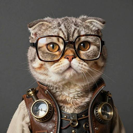 Photograph of a tabby cat with large black-rimmed glasses, wearing a brown leather vest with brass buttons, against a dark gray background.