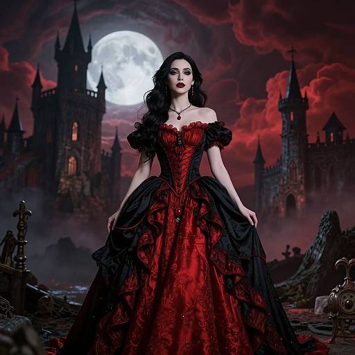 Gothic woman in red and black lace gown, dark wavy hair, red lips, standing in front of a moonlit, stormy castle