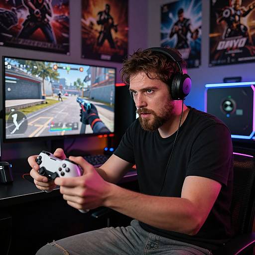 Photograph of a bearded man with short brown hair, wearing a black t-shirt and headphones, intensely gaming on a racing game in a brightly lit
