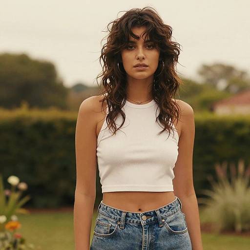 Photograph of a tall, slim woman with wavy dark hair, wearing a white sleeveless crop top and blue jeans, standing in a green garden