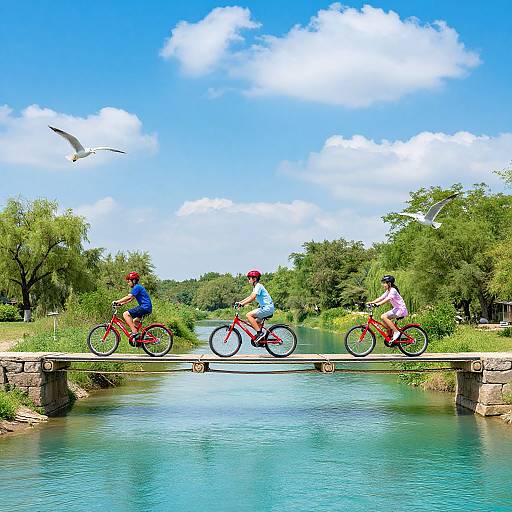 Photograph of three cyclists, two men and one woman, crossing a stone bridge over a calm, turquoise river with green trees and a bright blue sky