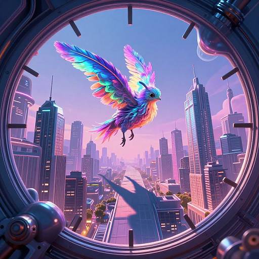 Digital art: Vibrant, rainbow-feathered bird soaring above a futuristic, neon-lit cityscape viewed through a circular, metallic window frame.