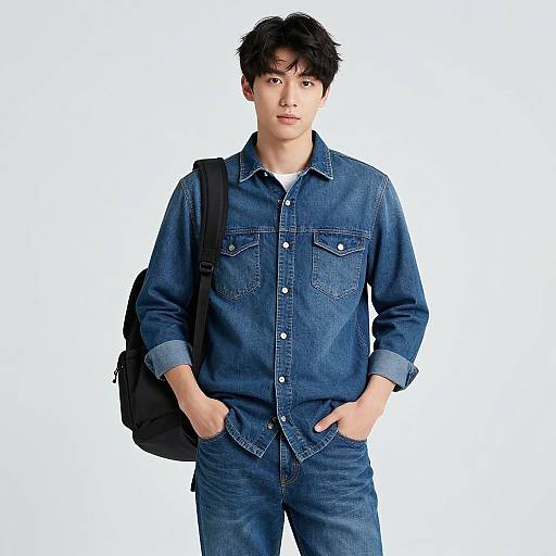 Photograph of a young Asian man with short black hair, wearing a blue denim shirt and pants, black backpack, and hands in pockets, standing against