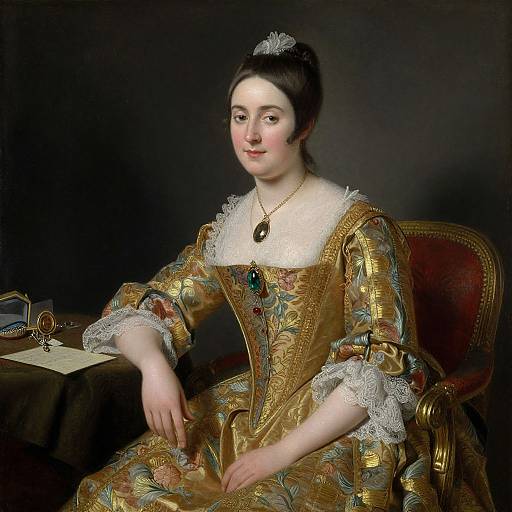 18th-century portrait of a fair-skinned woman with dark hair, wearing a gold, floral-patterned dress with lace, seated on a wooden chair