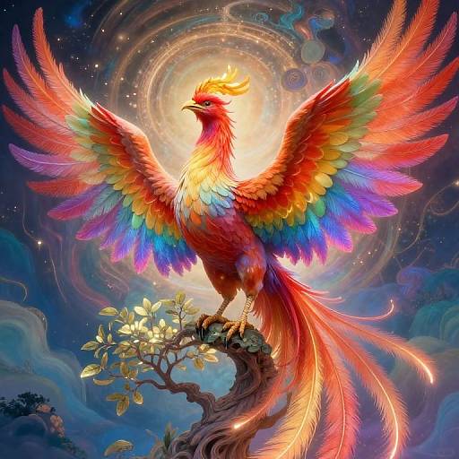 Vibrant digital illustration of a phoenix with rainbow-colored feathers, standing on a glowing tree branch, against a cosmic, starry background.
