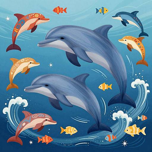 Dynamic Ocean Scene with Colorful Dolphins