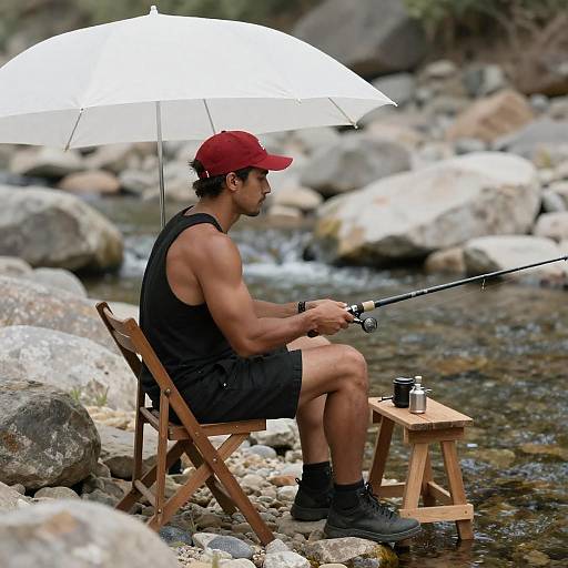 Muscular Man Fishing by Rocky Stream