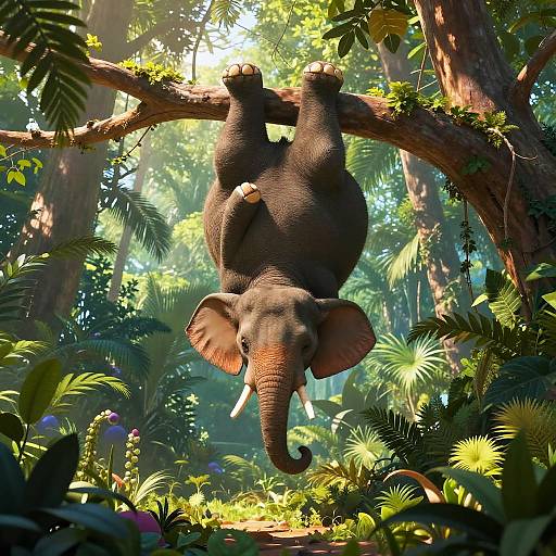 Photorealistic CGI of a playful baby elephant hanging upside down from a tree branch in a sunlit, lush jungle, surrounded by vibrant foliage.