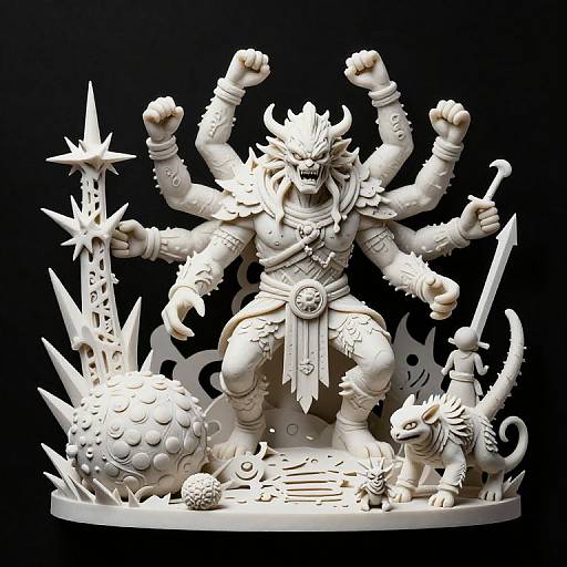 White, six-armed, horned monster figurine with armor, clenched fists, surrounded by spiked ball, star, tiger, and swords,