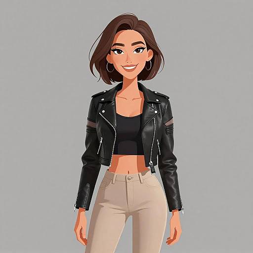Digital illustration of a smiling woman with short brown hair, wearing a black leather jacket, black crop top, and white jeans.
