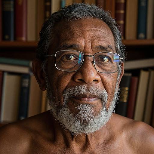 Photograph of an elderly, shirtless man with gray hair, beard, and glasses, standing against a bookshelf background, looking directly at the camera