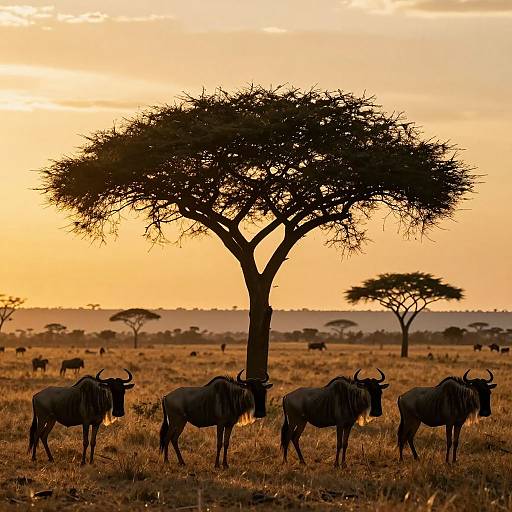 Photograph of a sunset over an African savanna, silhouetting a group of wildebeests and acacia trees with a warm orange sky
