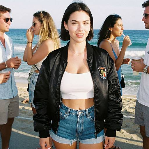 Photograph of a smiling young woman with black bob haircut, wearing a black bomber jacket, white crop top, and denim shorts, standing on a sunny