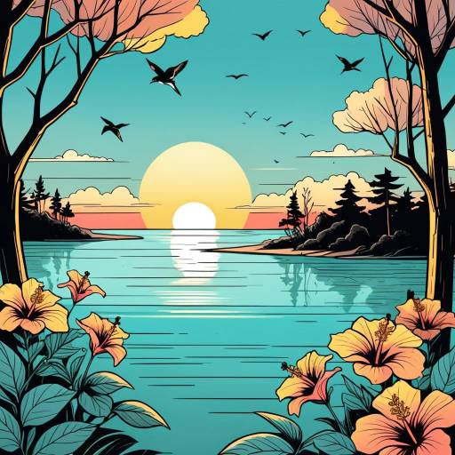Sunset over Tropical Lake with Birds and Flowers
