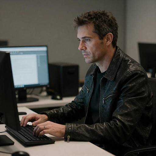 Rugged Man Focused at Computer Desk