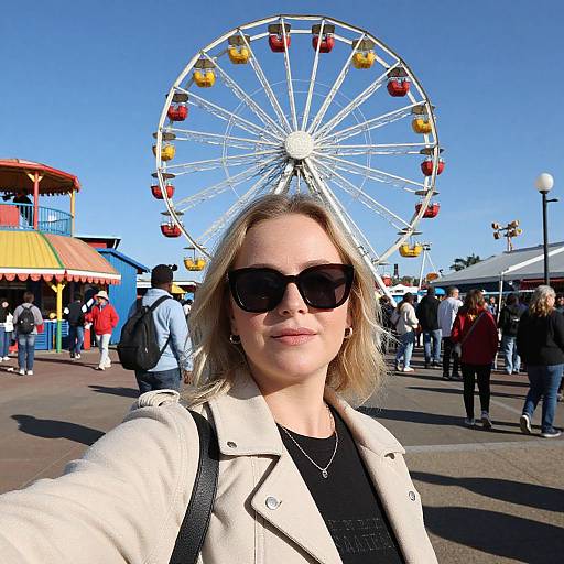 Photograph of a blonde woman in black sunglasses and white coat, standing in front of a large Ferris wheel at a sunny amusement park. Crowds