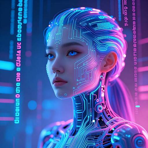 Neon-lit cyber portrait of a female android with glowing blue and pink circuitry on her face, set against a futuristic blue and pink illuminated background