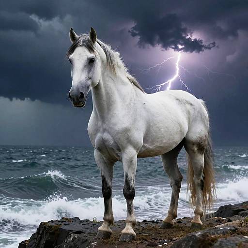 White Horse on Stormy Cliff