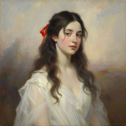 Digital painting of a young woman with long, wavy black hair, fair skin, and red ribbon, wearing a white, sheer dress. Soft,