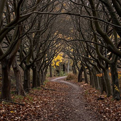Photograph of a leafless tree-lined path with dark, twisted branches arching overhead. Fallen brown leaves cover the dirt path, leading to a glimpse