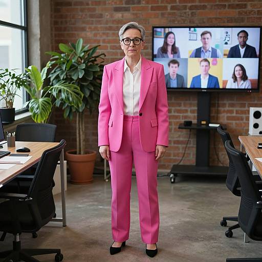 Photograph of an older woman with gray hair, glasses, pink suit, white shirt, and black shoes, standing in a modern office with brick walls