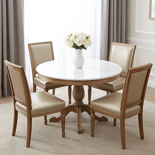 Photograph of a round wooden dining table with four beige upholstered chairs, adorned with a white vase of white flowers.