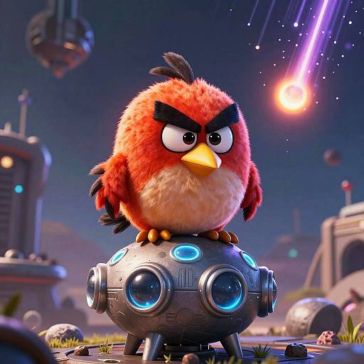 Angry Bird on Alien Monolith with Meteor Shower