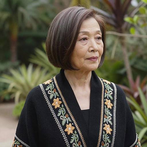 Elderly Woman with Sleek Bob Hairstyle in Embroidered Shawl