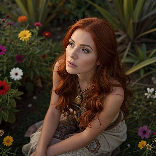 Photograph of a fair-skinned, red-haired woman with blue eyes, wearing a patterned dress, sitting among colorful flowers in a garden.
