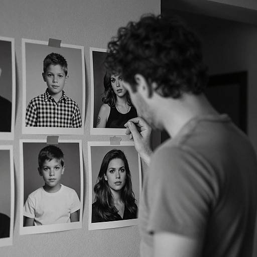 Man Reviewing Black-and-White Portraits on Wall